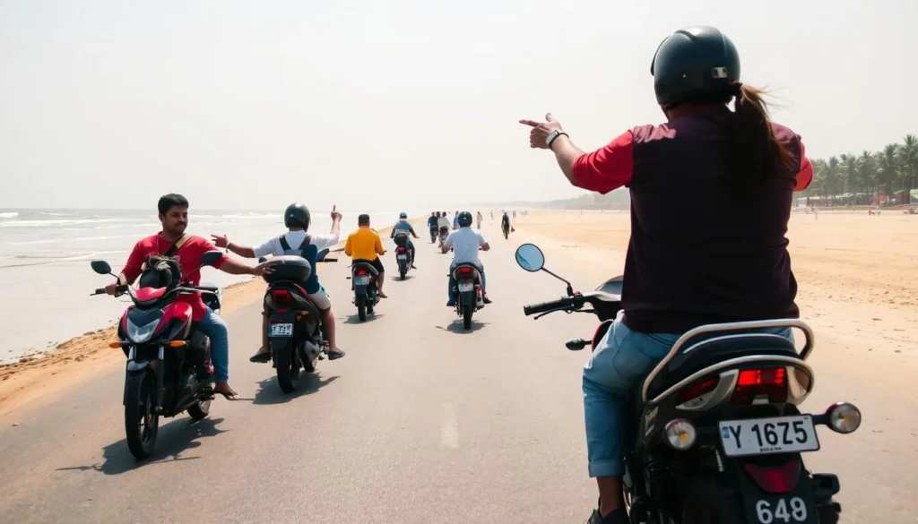 Tourists riding motorcycles along Kuakata beach with guides showing them the coastal attractions