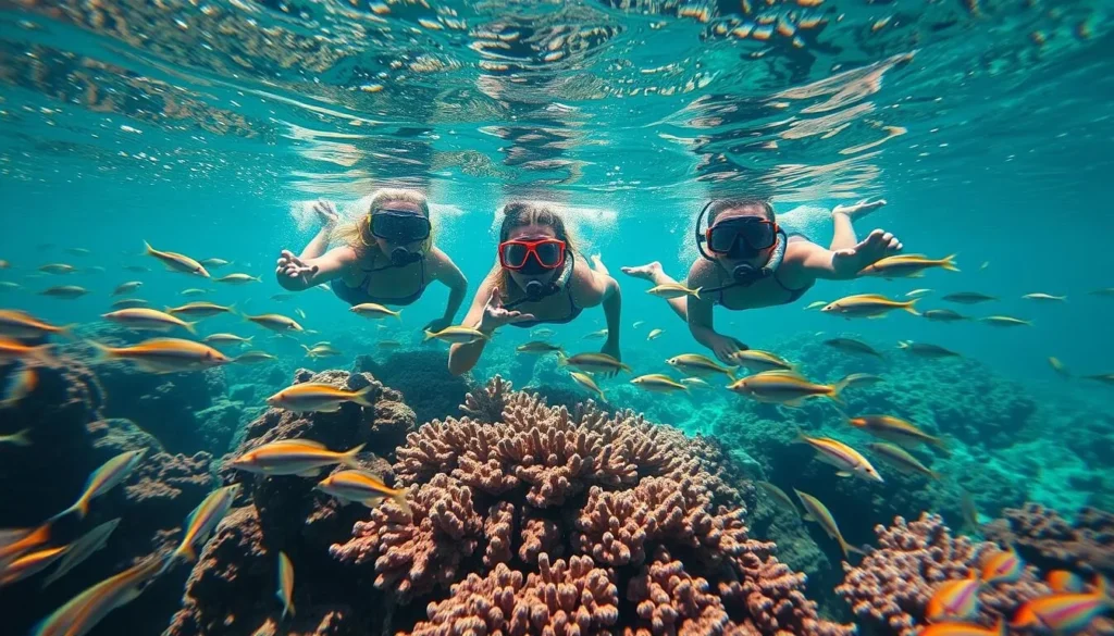 Tourists snorkeling in the clear waters of Sumilon Island marine sanctuary with colorful coral and tropical fish Tourists snorkeling in the clear waters of Sumilon Island marine sanctuary with colorful coral and tropical fish