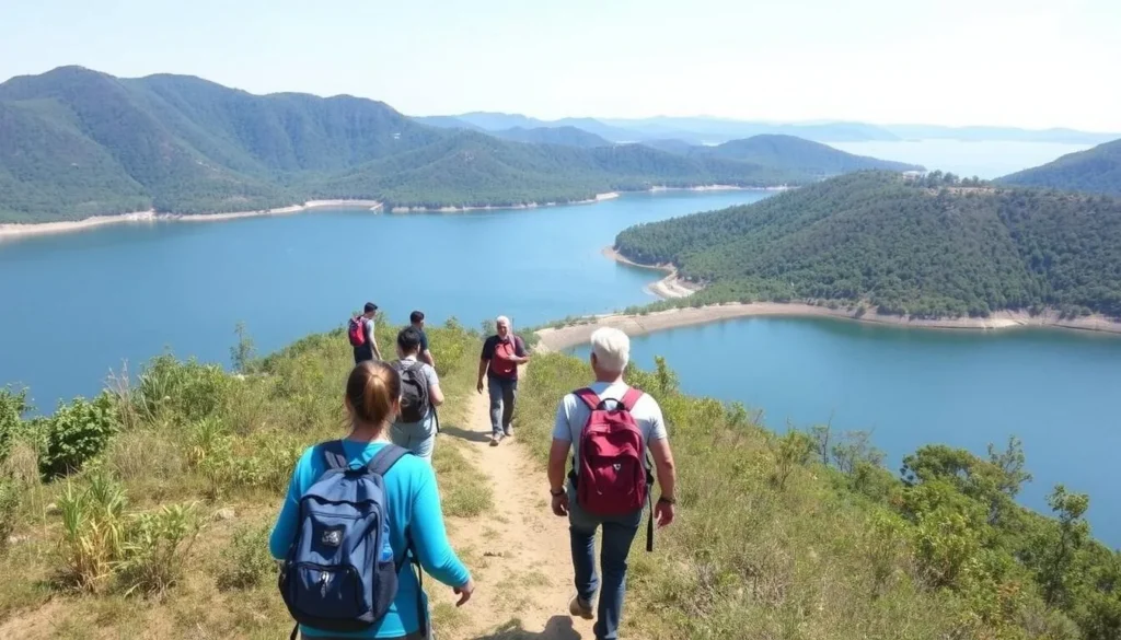 Tourists trekking around Boga Lake with scenic views