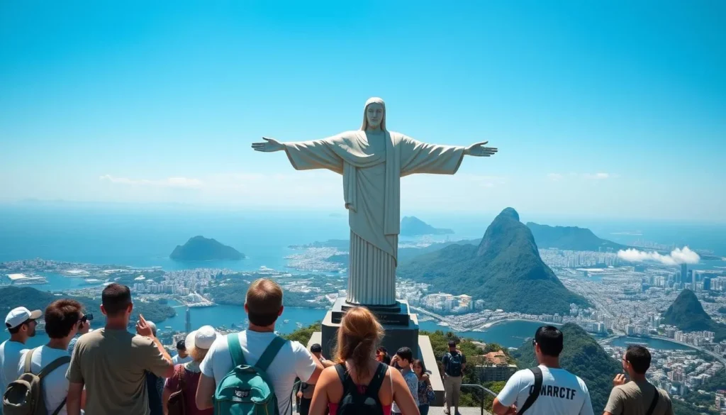 Tourists visiting Christ the Redeemer statue with arms outstretched overlooking Rio de Janeiro