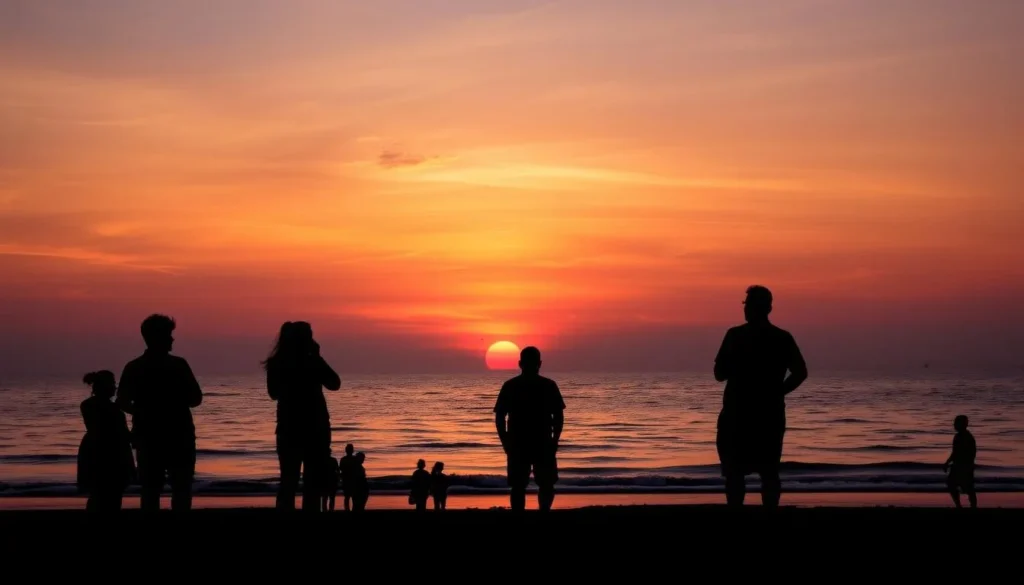 Tourists watching a beautiful sunset over the Bay of Bengal at Cox's Bazar beach