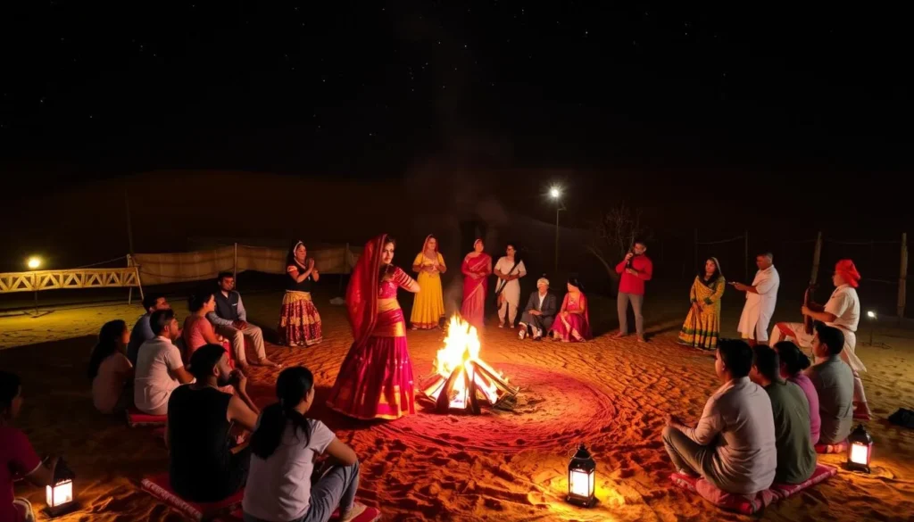 Tourists watching traditional Rajasthani folk dancers performing at a desert camp at night Tourists watching traditional Rajasthani folk dancers performing at a desert camp at night
