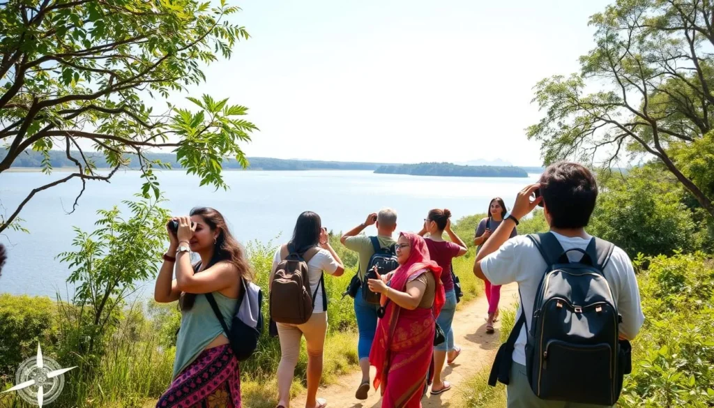 Tourists with binoculars and cameras exploring Altadighi National Park in Bangladesh Tourists with binoculars and cameras exploring Altadighi National Park in Bangladesh