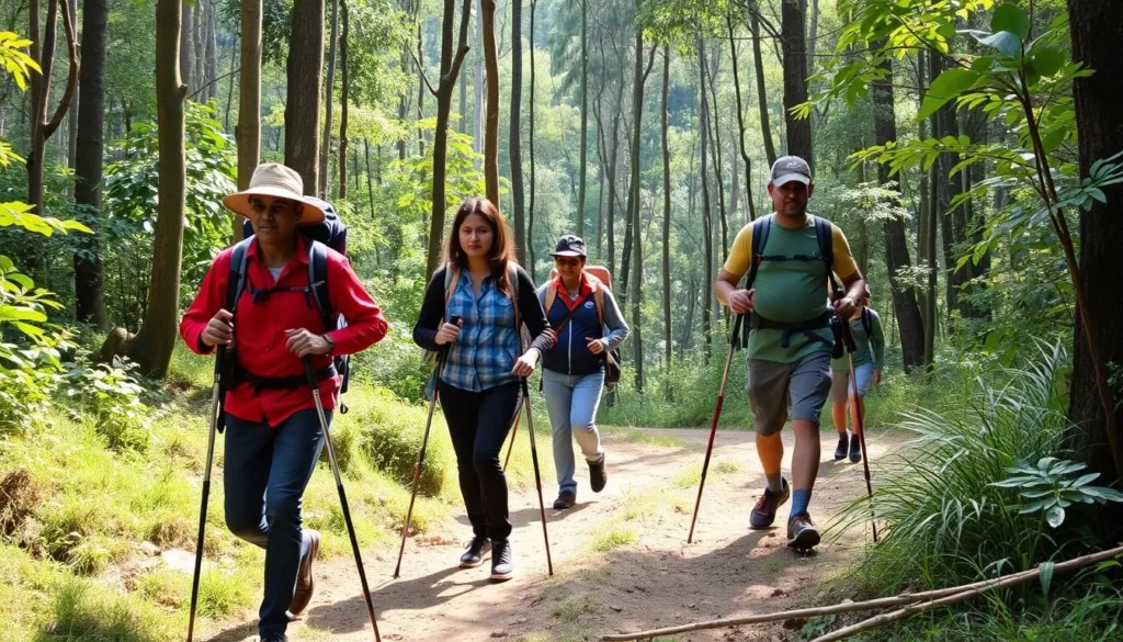 Tourists with local guide trekking through Bandarban hills with proper equipment and clothing