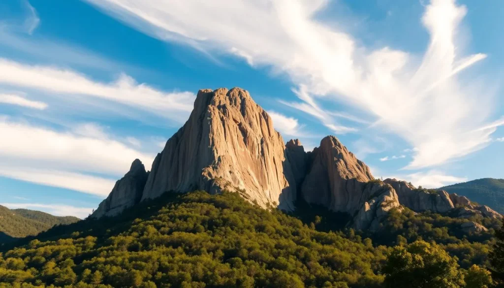 Towering sandstone peak of Chimney Rock, North Carolina, bathed in warm afternoon sunlight. Dramatic cliff faces and craggy outcroppings surround a lush, verdant forest in the foreground. Wispy clouds drift across a brilliant blue sky, casting gentle shadows on the landscape below. A serene, tranquil atmosphere pervades the scene, inviting the viewer to immerse themselves in the natural beauty of this iconic landmark.