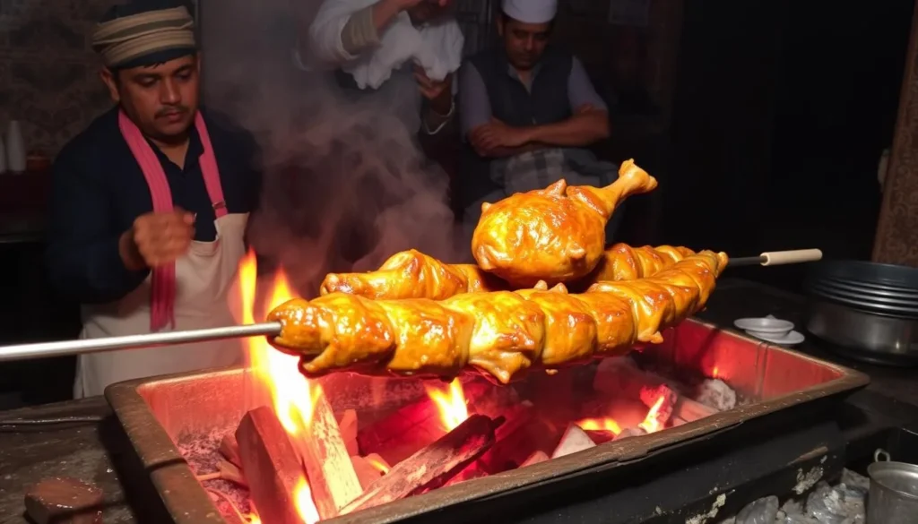 Traditional Balochi Sajji dish being prepared over an open fire in Quetta