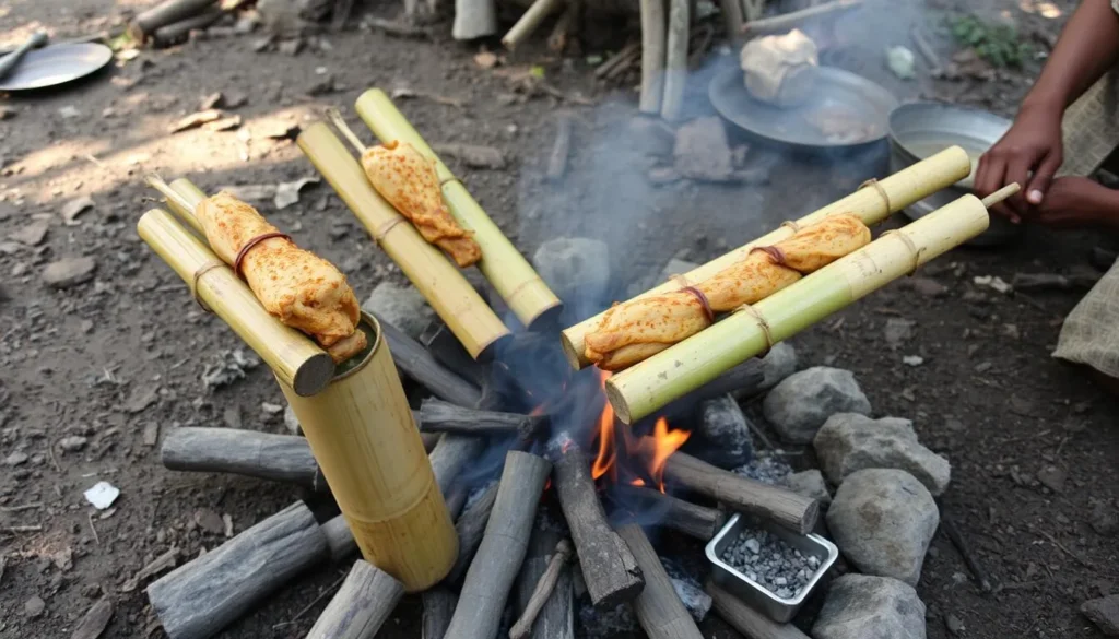 Traditional Bamboo Chicken dish being cooked in bamboo tubes over an open fire in Bandarban