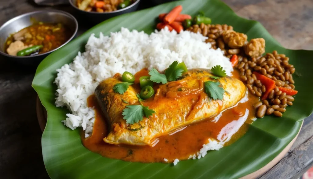 Traditional Bangladeshi fish curry with rice served on banana leaf
