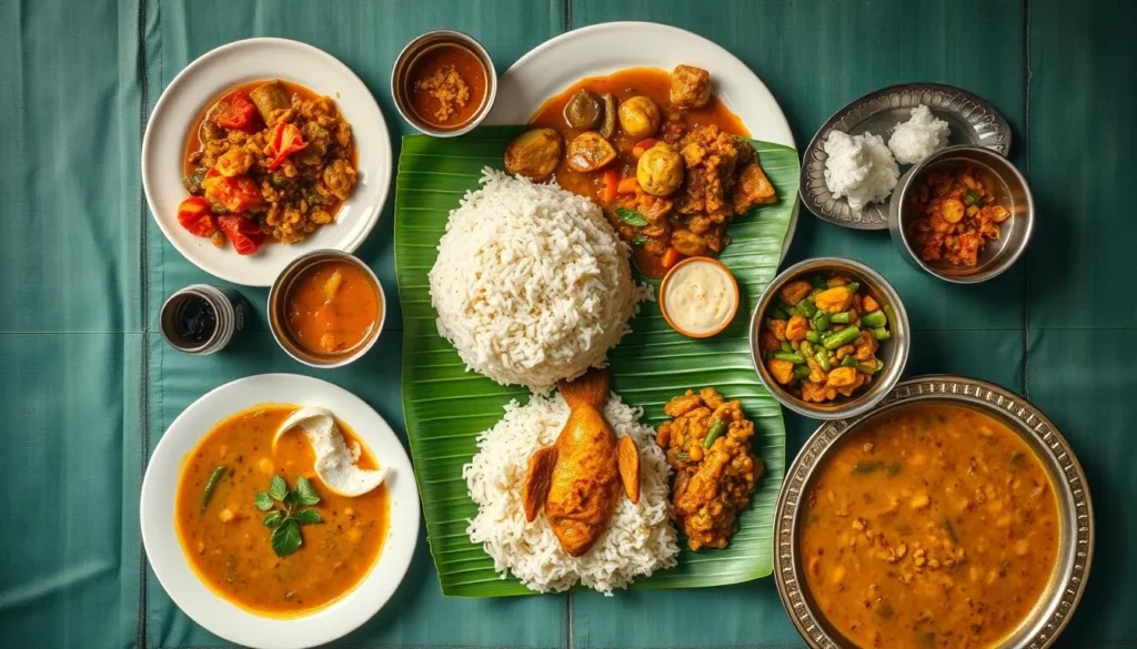 Traditional Bangladeshi food spread with rice, fish curry, and vegetables in Feni