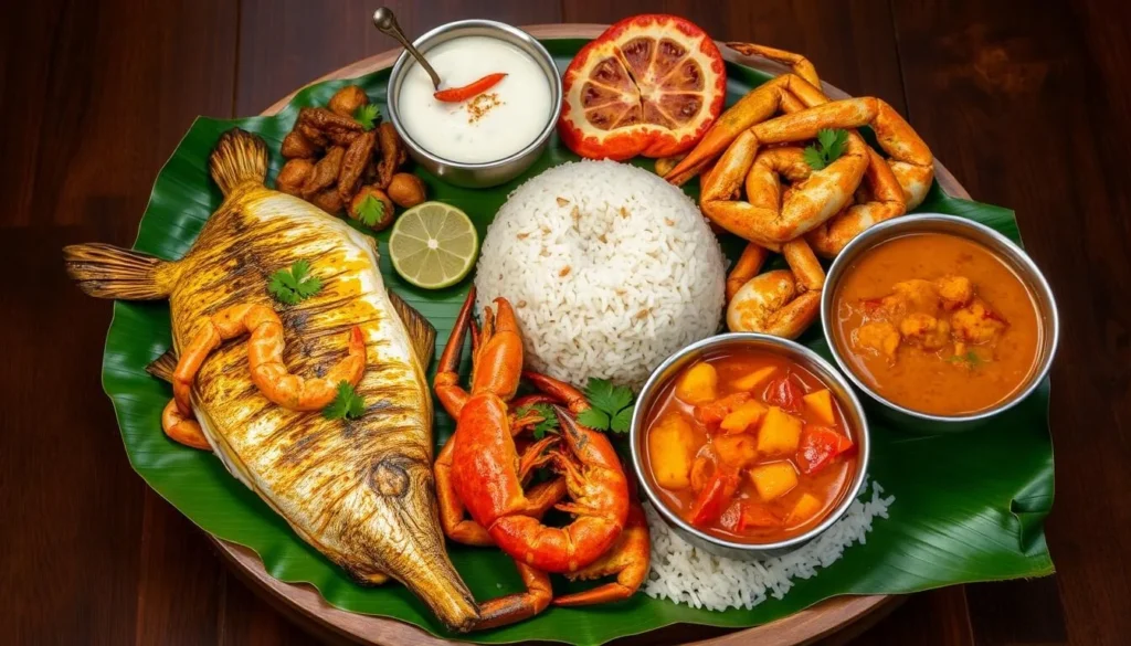 Traditional Bangladeshi seafood platter with various fish and prawn dishes