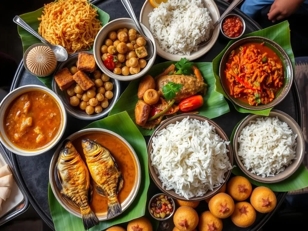 Traditional Bengali cuisine served at a local restaurant near Kaptai National Park Traditional Bengali cuisine served at a local restaurant near Kaptai National Park