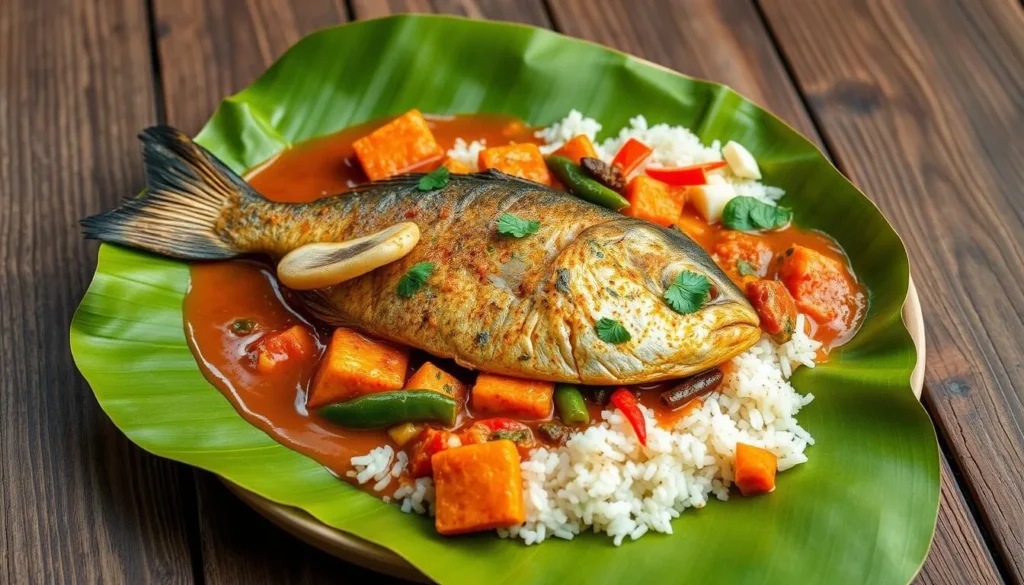 Traditional Bengali fish curry with rice and vegetables served on banana leaf