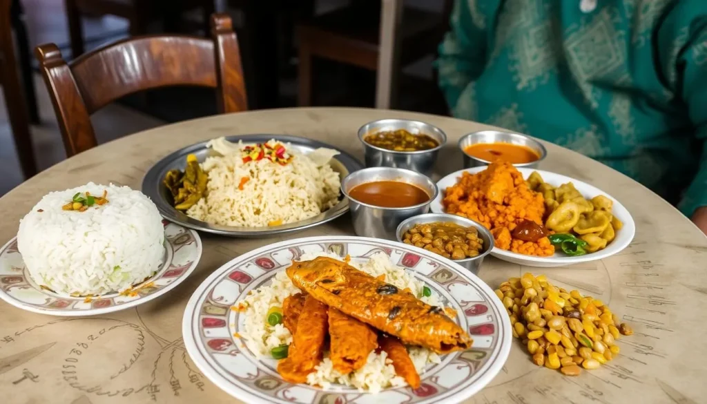 Traditional Bengali meal served at a local restaurant near Bholaganj Lake