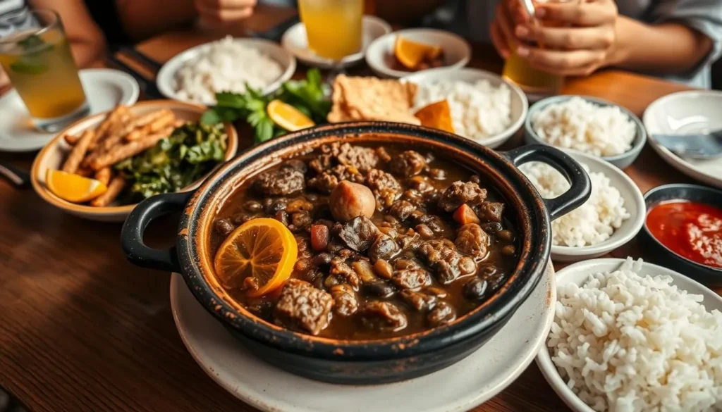 Traditional Brazilian feijoada meal with black beans, rice, and side dishes in a Rio restaurant