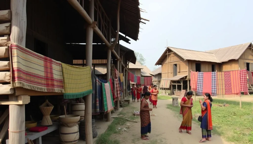 Traditional Chakma tribal village with colorful textiles and crafts