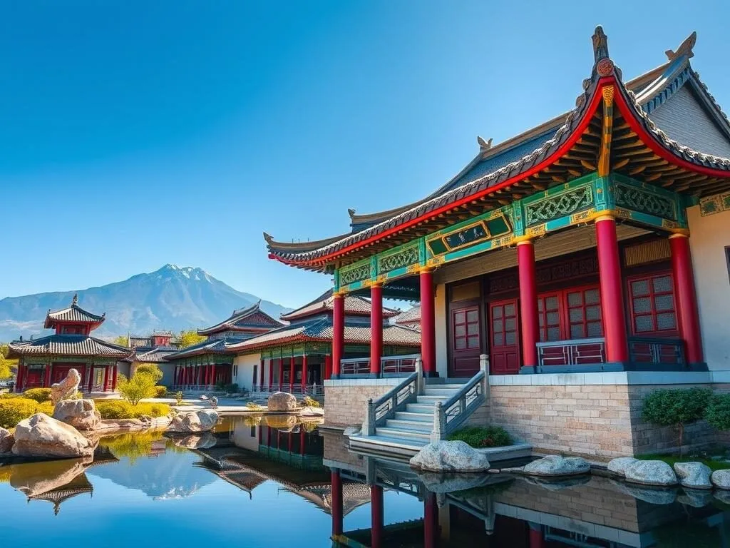 Traditional Chinese architecture of Huaqing Palace with mountain backdrop