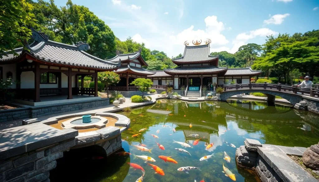 Traditional Chinese-style Fukushu-en Garden with koi pond, stone bridges and pavilions Traditional Chinese-style Fukushu-en Garden with koi pond, stone bridges and pavilions