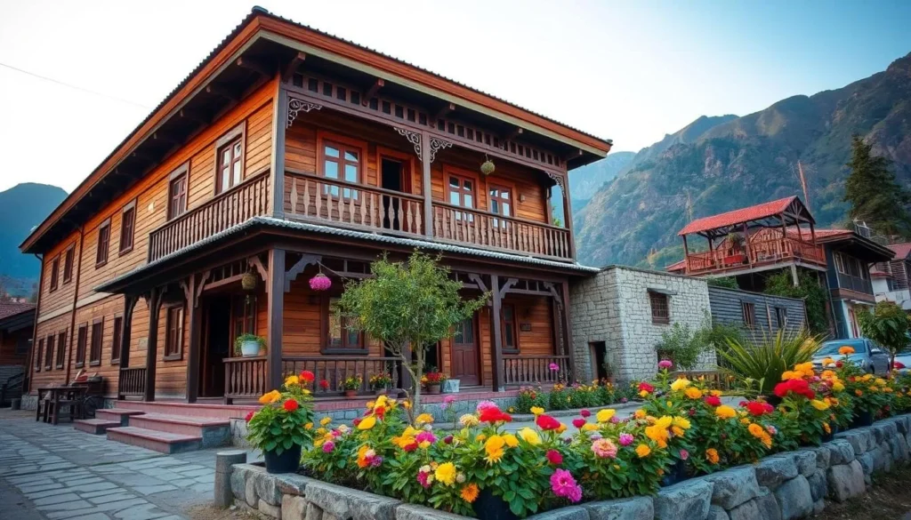 Traditional Chitrali guest house with wooden architecture and mountain views, Pakistan