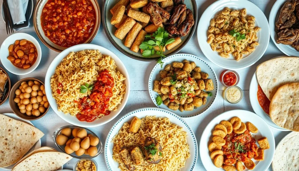 Traditional Egyptian food spread including koshari, falafel, and mezze dishes