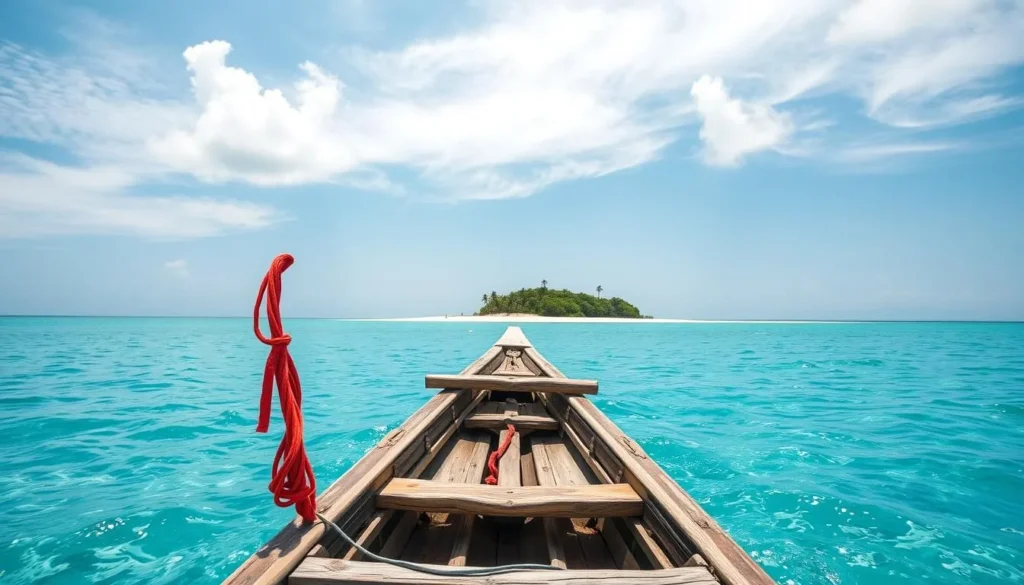 Traditional Filipino banca boat approaching Sumilon Island with the white sandbar visible in the background Traditional Filipino banca boat approaching Sumilon Island with the white sandbar visible in the background