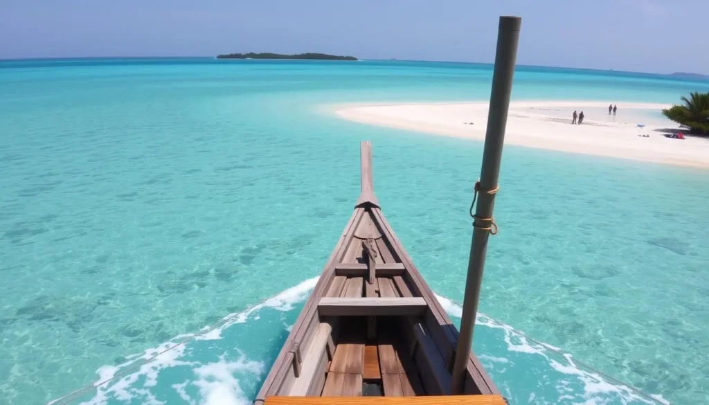 Traditional Filipino bangka boat approaching Olango Island, Philippines with passengers