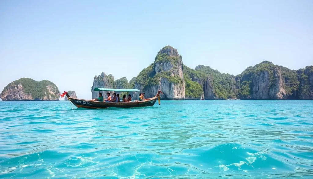 Traditional Filipino bangka boat approaching Pescador Island with tourists