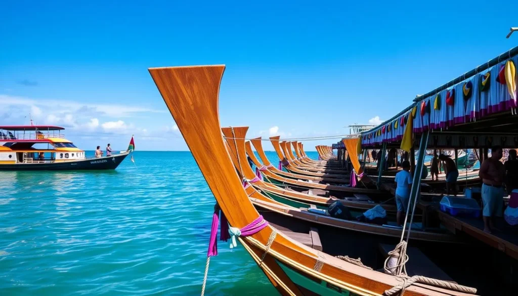 Traditional Filipino bangka boats docked at Maya Port waiting to transport passengers to Malapascua Island Traditional Filipino bangka boats docked at Maya Port waiting to transport passengers to Malapascua Island