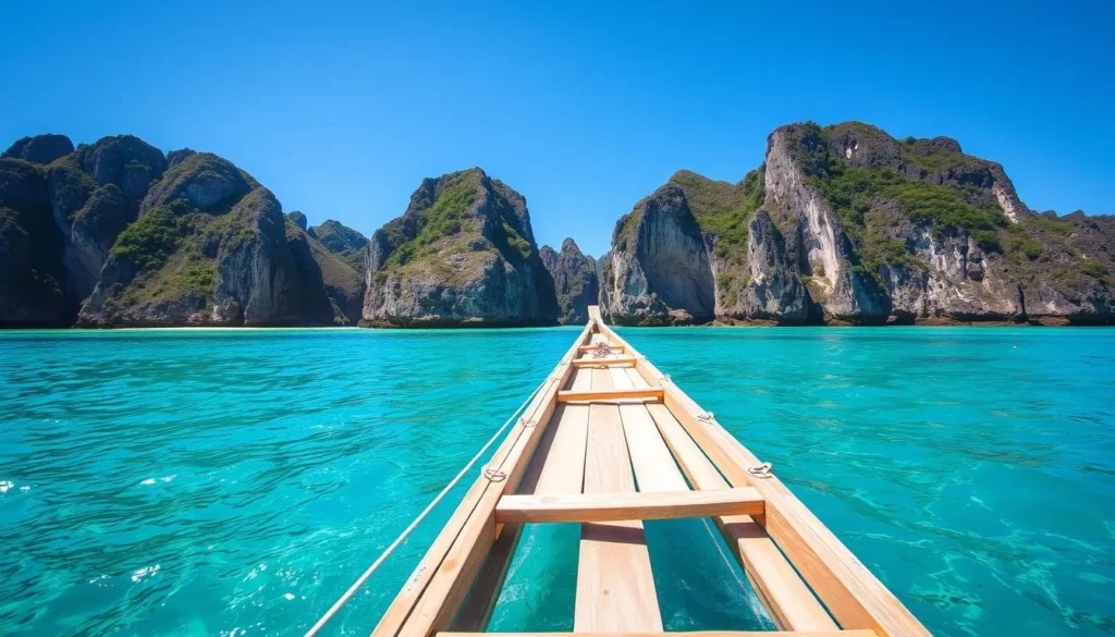 Traditional Filipino boat approaching Linapacan Island with turquoise waters and limestone cliffs