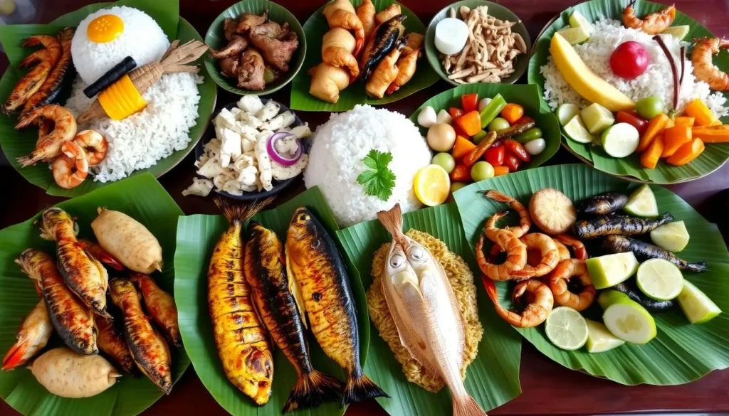 Traditional Filipino boodle fight meal spread on banana leaves with seafood and rice
