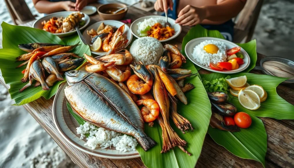 Traditional Filipino seafood feast with grilled fish and rice on Olango Island, Philippines