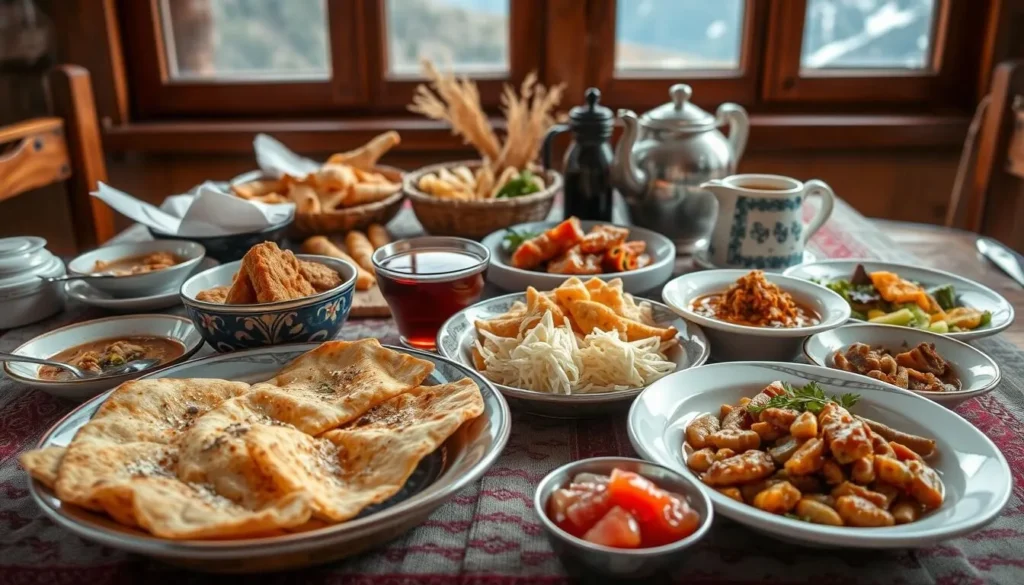 Traditional Hunza cuisine with local dishes served in a mountain setting