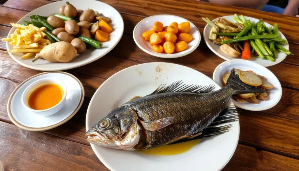 Traditional Ivatan meal with flying fish, root crops, and local vegetables