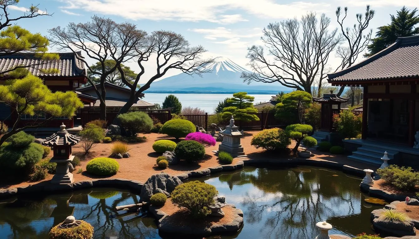 Traditional Japanese garden at Sengan-en with Sakurajima volcano view across Kinko Bay