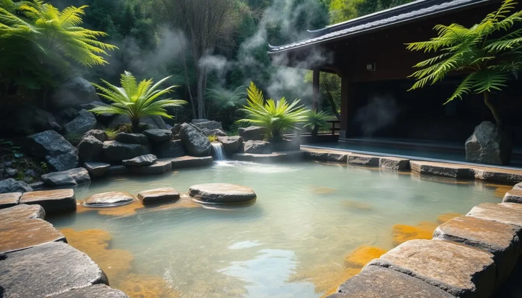 Traditional Japanese outdoor onsen hot spring bath surrounded by rocks and lush greenery in Hakone