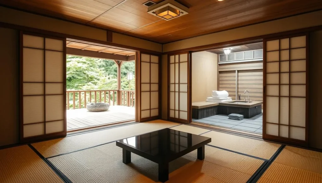 Traditional Japanese ryokan in Hakone with private onsen bath and tatami room