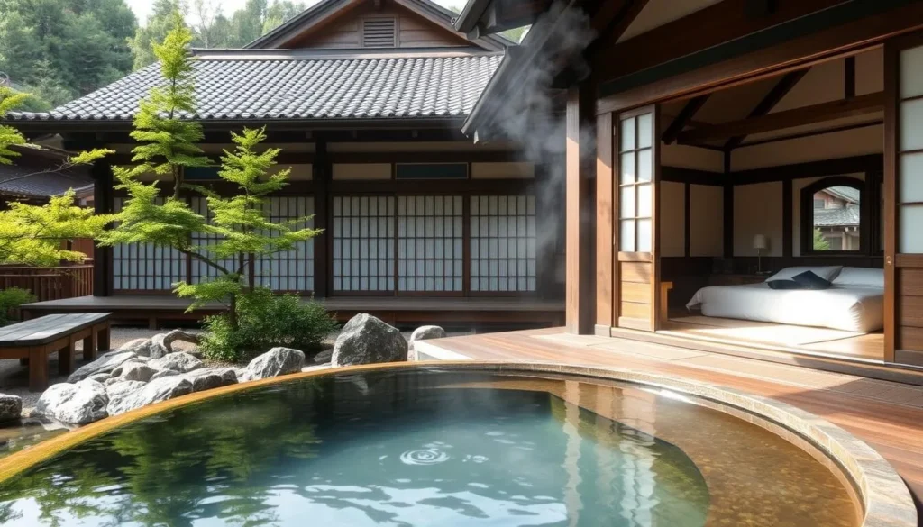 Traditional Japanese ryokan in Nikko with tatami rooms and an outdoor onsen bath surrounded by nature