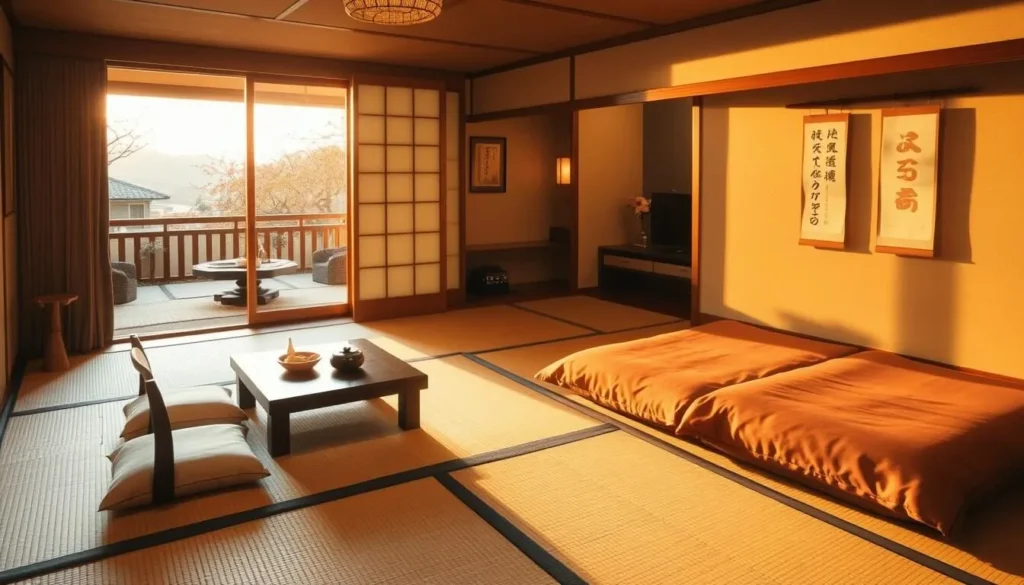 Traditional Japanese ryokan room in Hakone with tatami mats, low table, and view of garden