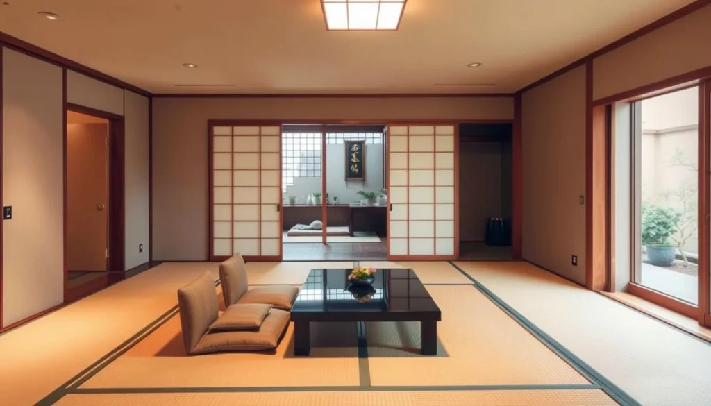 Traditional Japanese ryokan room with tatami mats, futon bedding, and sliding paper doors in Osaka