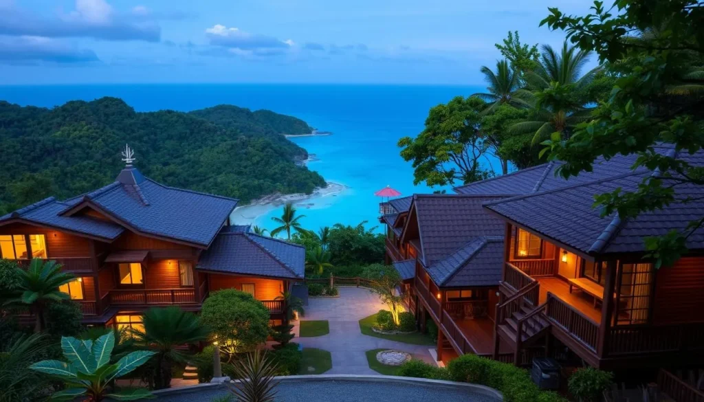 Traditional Japanese-style resort overlooking Iriomote's jungle and ocean