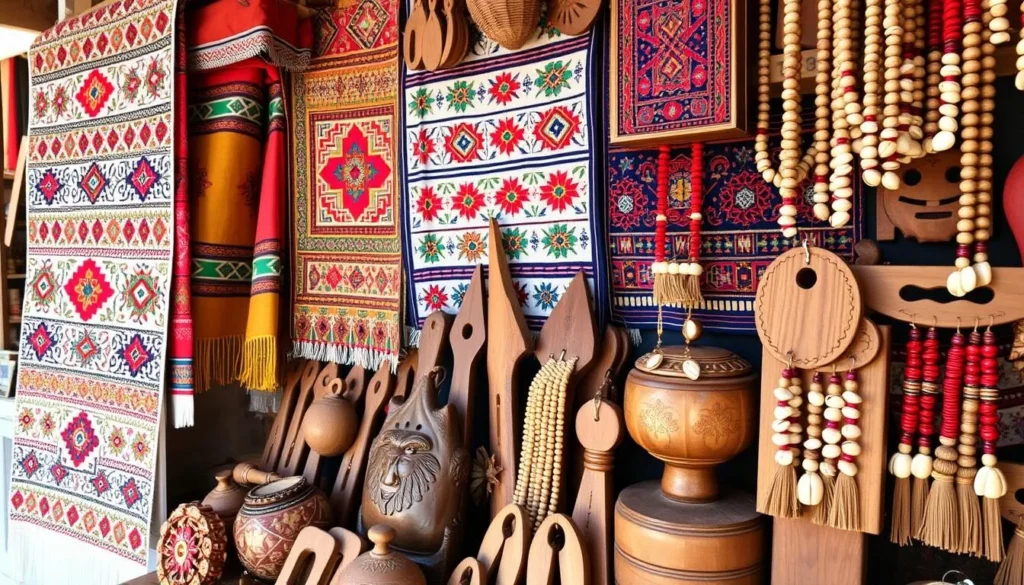Traditional Kalasha crafts including colorful embroidered textiles, wooden carvings, and beaded jewelry displayed in a village shop