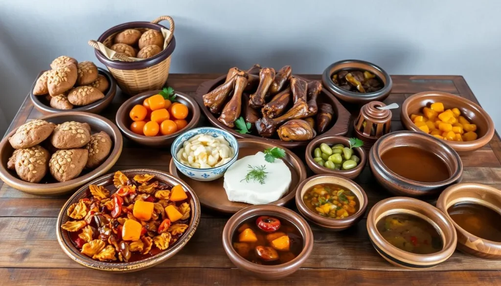 Traditional Kalasha food spread including walnut bread, cheese dishes, and seasonal fruits served in wooden bowls