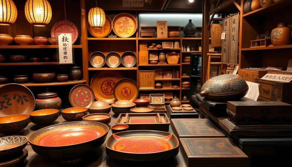 Traditional Kamakura-bori carved lacquerware displayed in a shop with various wooden items Traditional Kamakura-bori carved lacquerware displayed in a shop with various wooden items