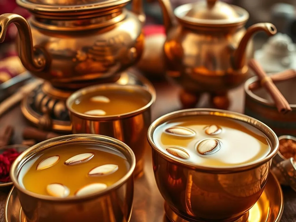 Traditional Kashmiri Kahwa tea served in copper cups with almonds and saffron