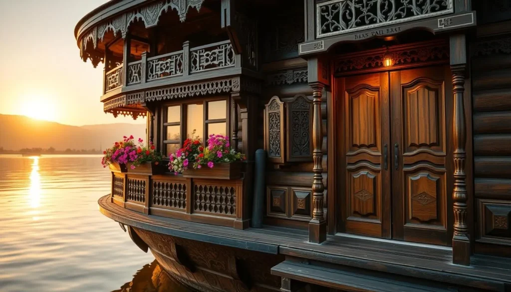 Traditional Kashmiri houseboat on Dal Lake with ornate wooden carvings and colorful flowers