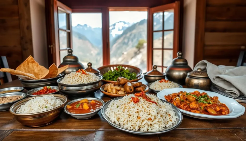 Traditional Kashmiri meal served on a wooden table with mountains visible through a window Traditional Kashmiri meal served on a wooden table with mountains visible through a window