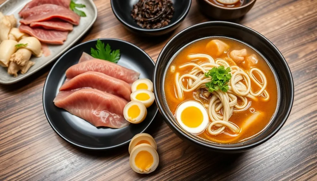 Traditional Kumamoto cuisine featuring basashi (horse meat sashimi), karashi renkon (mustard-stuffed lotus root), and Kumamoto ramen with thick noodles and rich tonkotsu broth Traditional Kumamoto cuisine featuring basashi (horse meat sashimi), karashi renkon (mustard-stuffed lotus root), and Kumamoto ramen with thick noodles and rich tonkotsu broth