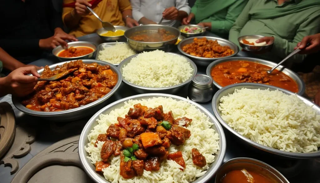 Traditional Mezban feast with beef curry and rice served in communal style