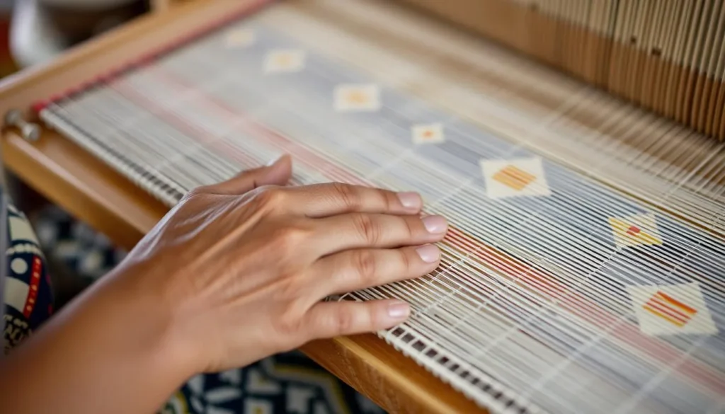 Traditional Minsa textile weaving demonstration on Taketomi Island, Yaeyama Islands Traditional Minsa textile weaving demonstration on Taketomi Island, Yaeyama Islands