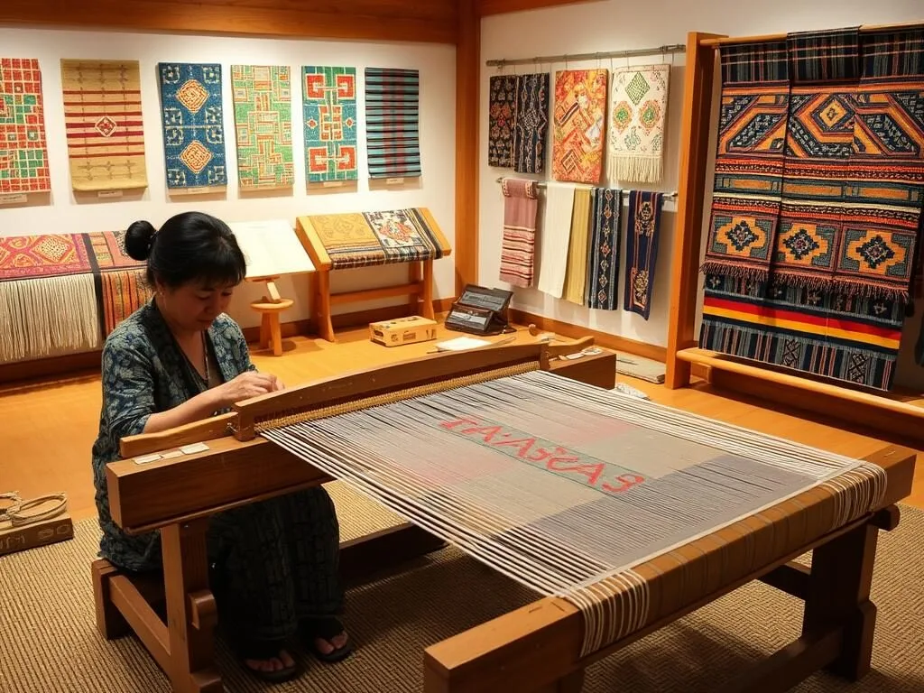 Traditional Minsah weaving demonstration at Minsah Kogei Museum on Ishigaki Island Traditional Minsah weaving demonstration at Minsah Kogei Museum on Ishigaki Island