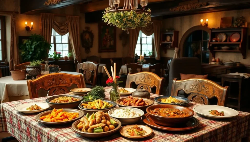 Traditional Moravian dishes in a cozy, rustic restaurant setting